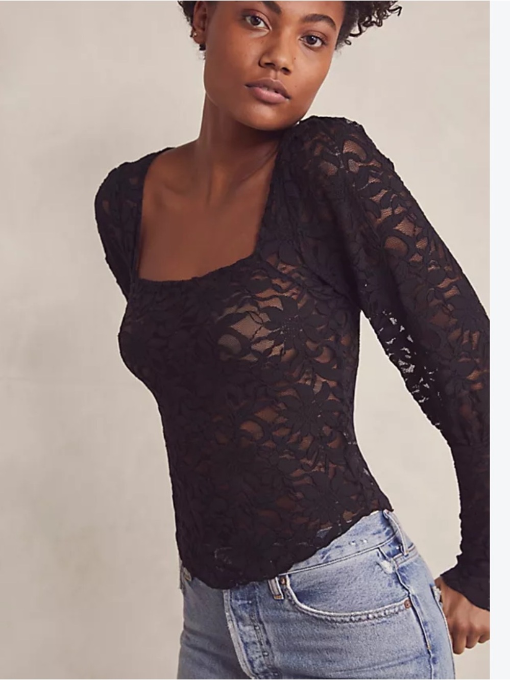 Free People Long Distance Black Sheer Lace Square Neck Layering Top. Size Medium